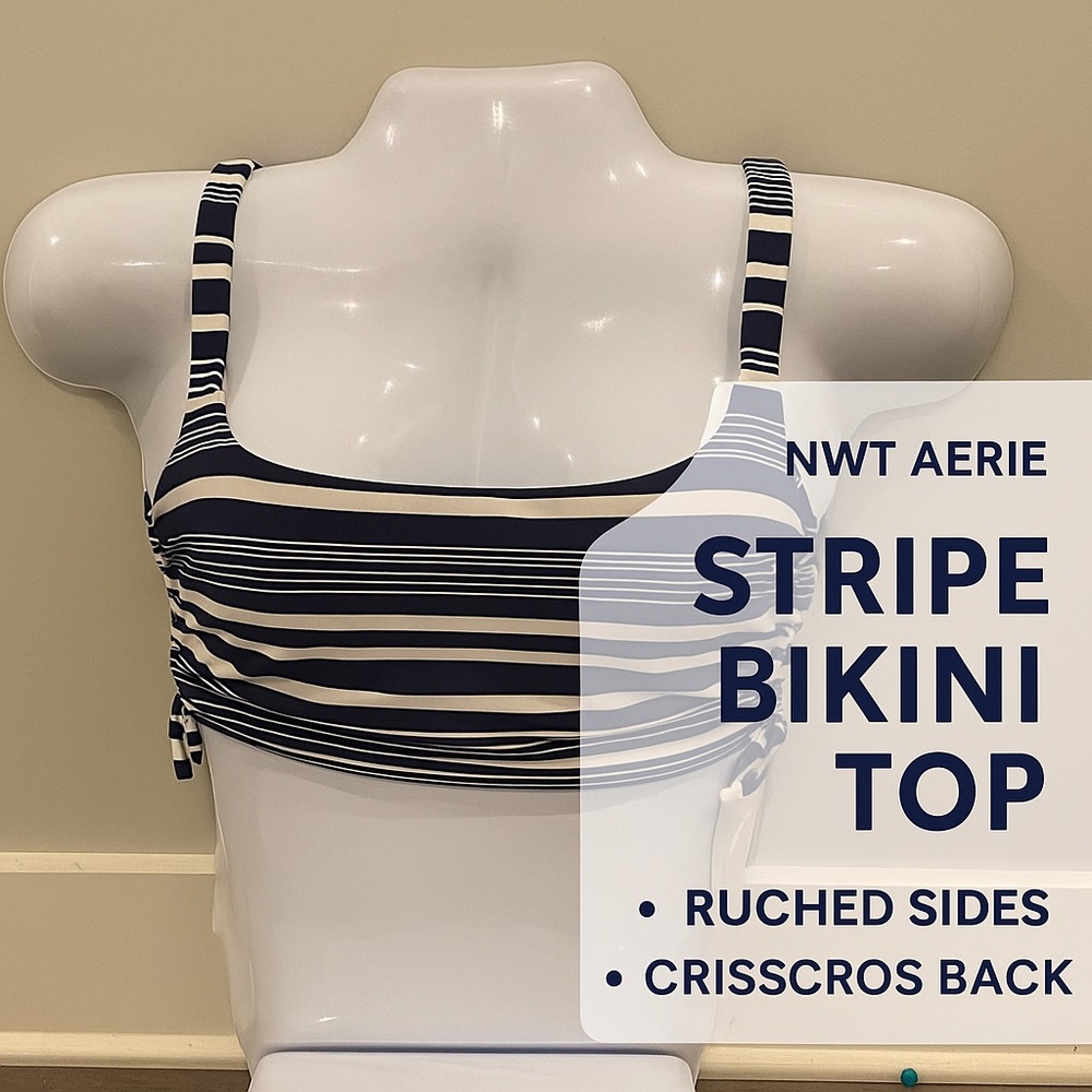 Aerie Real Good Bikini Top | Striped, Crisscross Back, NWT Size M